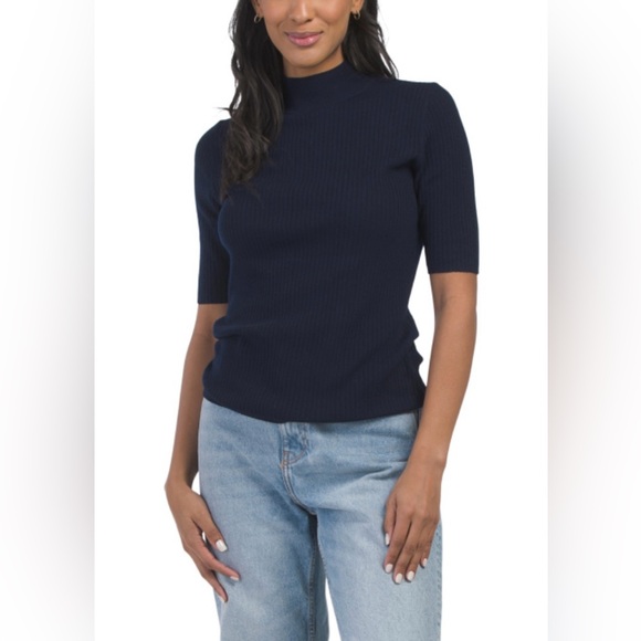 H HALSTON ribbed 💯 extra fine merino wool Short Sleeves Mock neck Sweater S - Picture 2 of 5